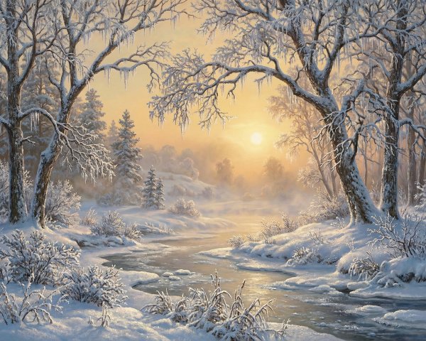 Winter Landscape with Snow-Covered Trees at Sunrise