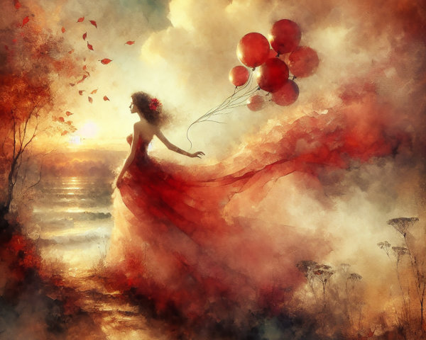 Woman in Red Dress by Lake at Sunset with Balloons