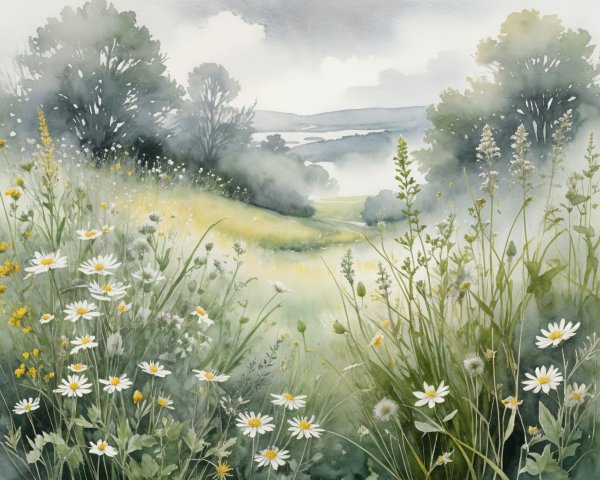 Lush Meadow with Wildflowers and Gentle Hills