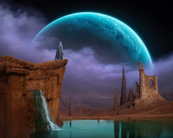 Solitary figure on cliff with turquoise lake and planet