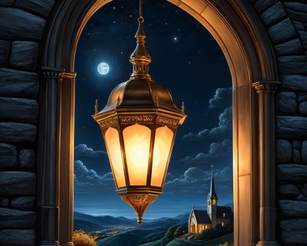Ornate Lantern Under Stone Archway at Night