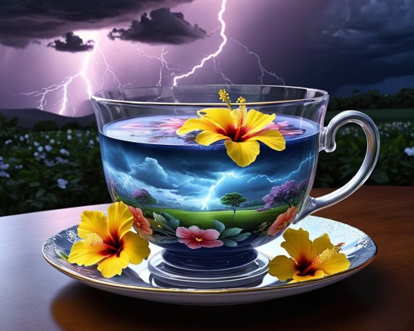 Glass Cup with Blue Water and Miniature Landscape