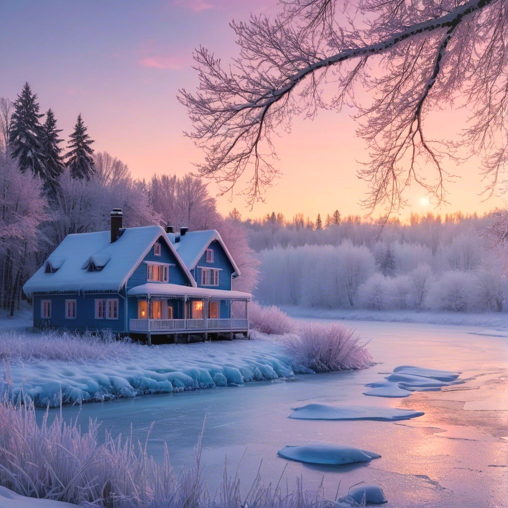 Cozy Blue House in Serene Winter Landscape