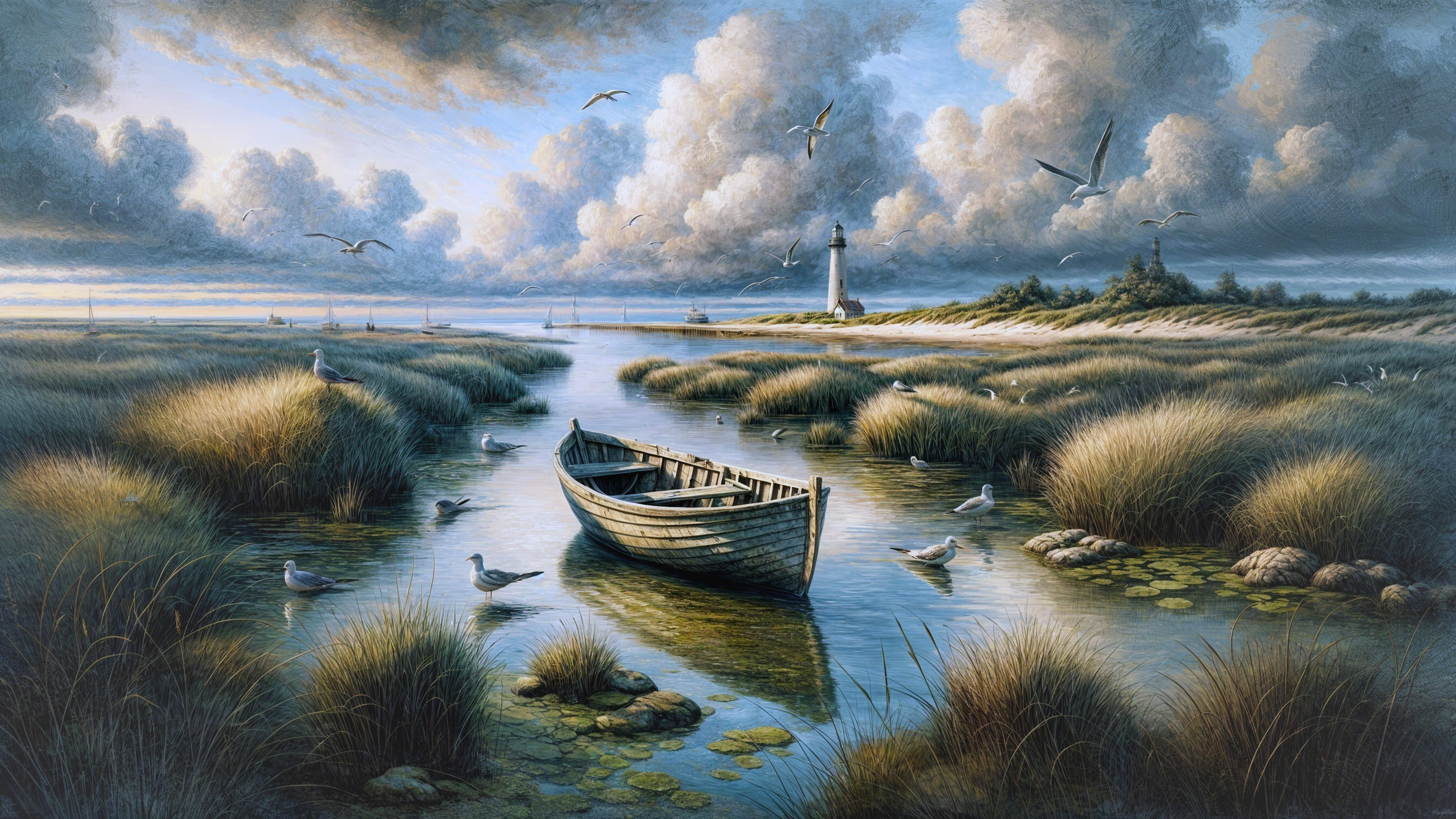 Coastal Scene with Boat, Lighthouse, and Grasses