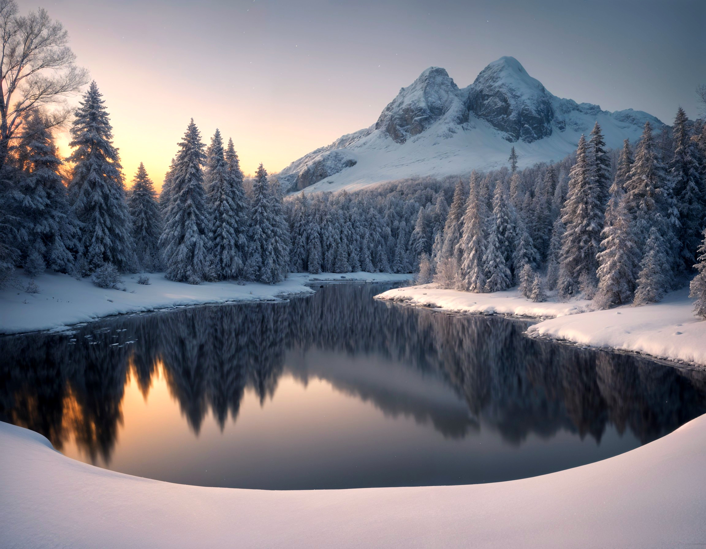 Serene Winter Landscape with Reflective Lake and Mountains