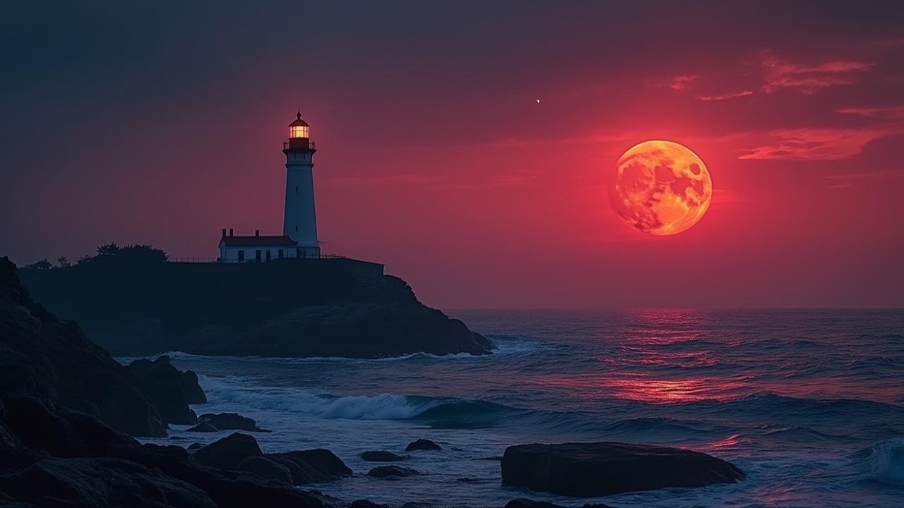 Seaside lighthouse under a red moon at dusk