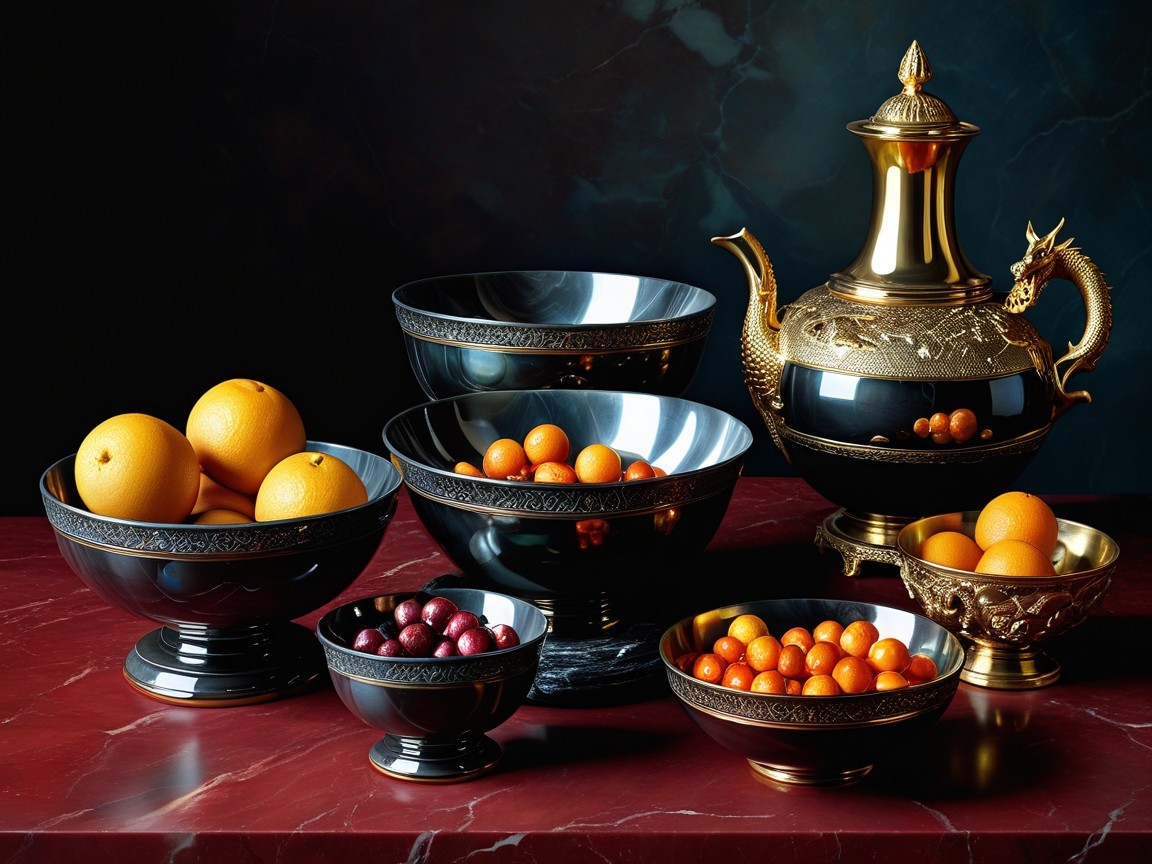 Black and Gold Bowls with Fruits on Red Marble Surface