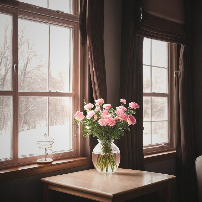 Vase with Pink Roses on a Wooden Table by a Window