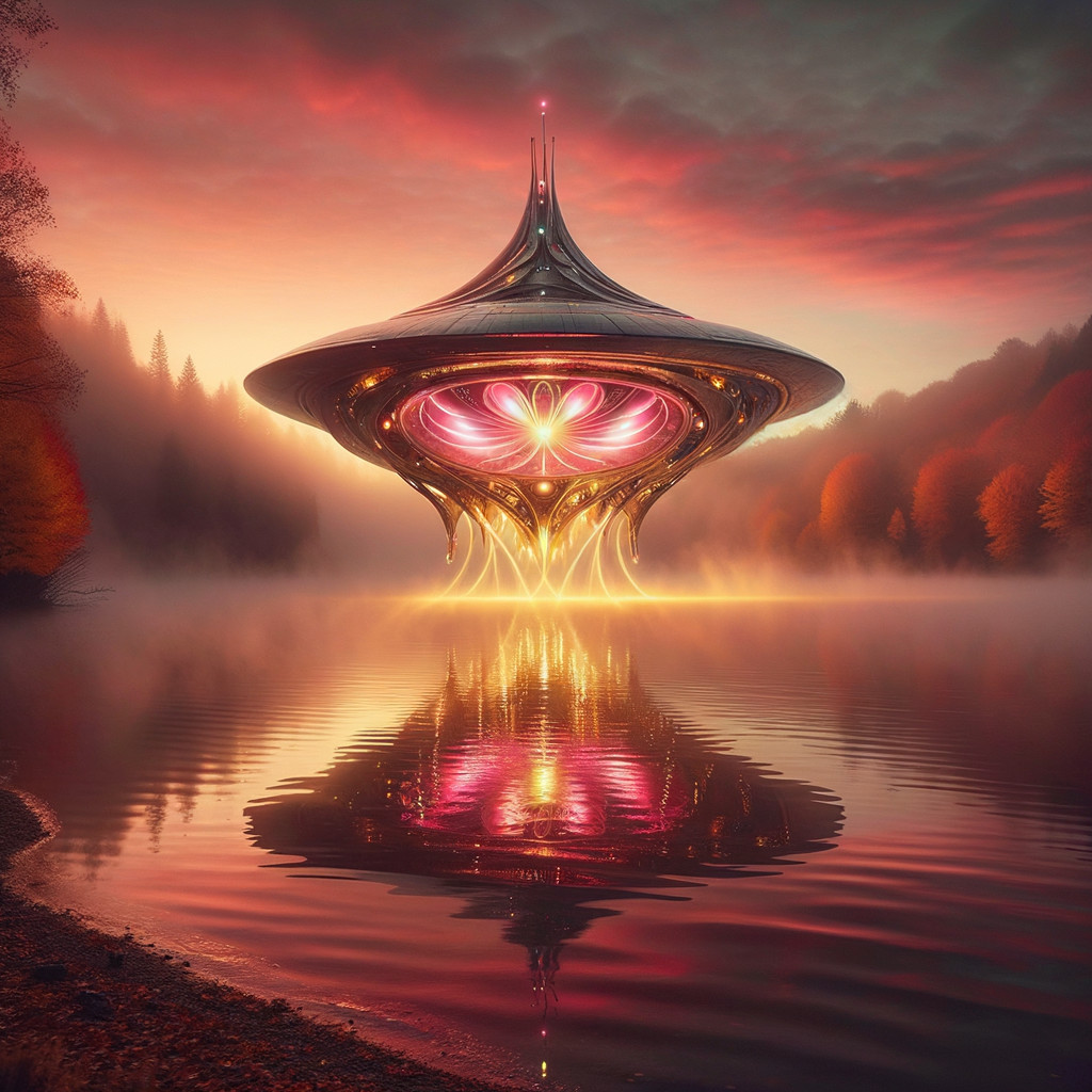 Futuristic spacecraft above serene lake at sunset