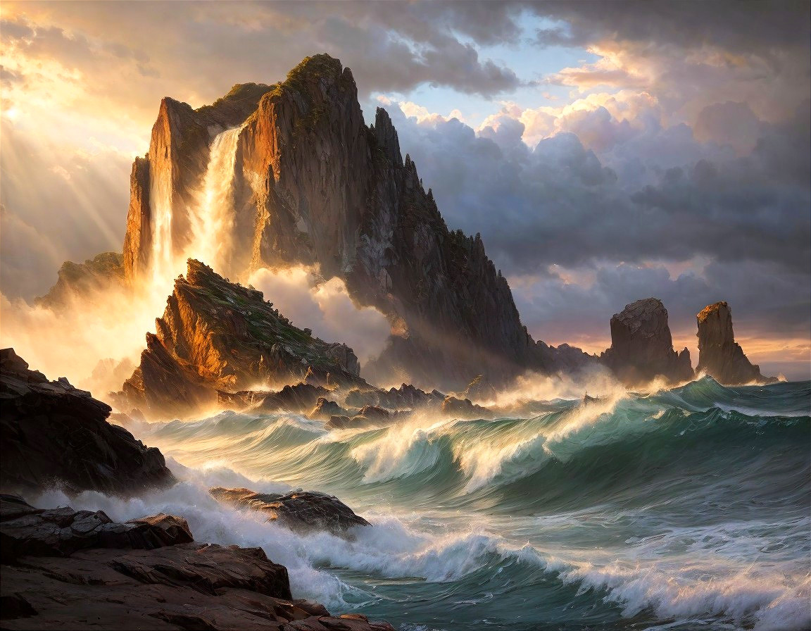 Majestic Landscape with Cliffs and Cascading Waterfall
