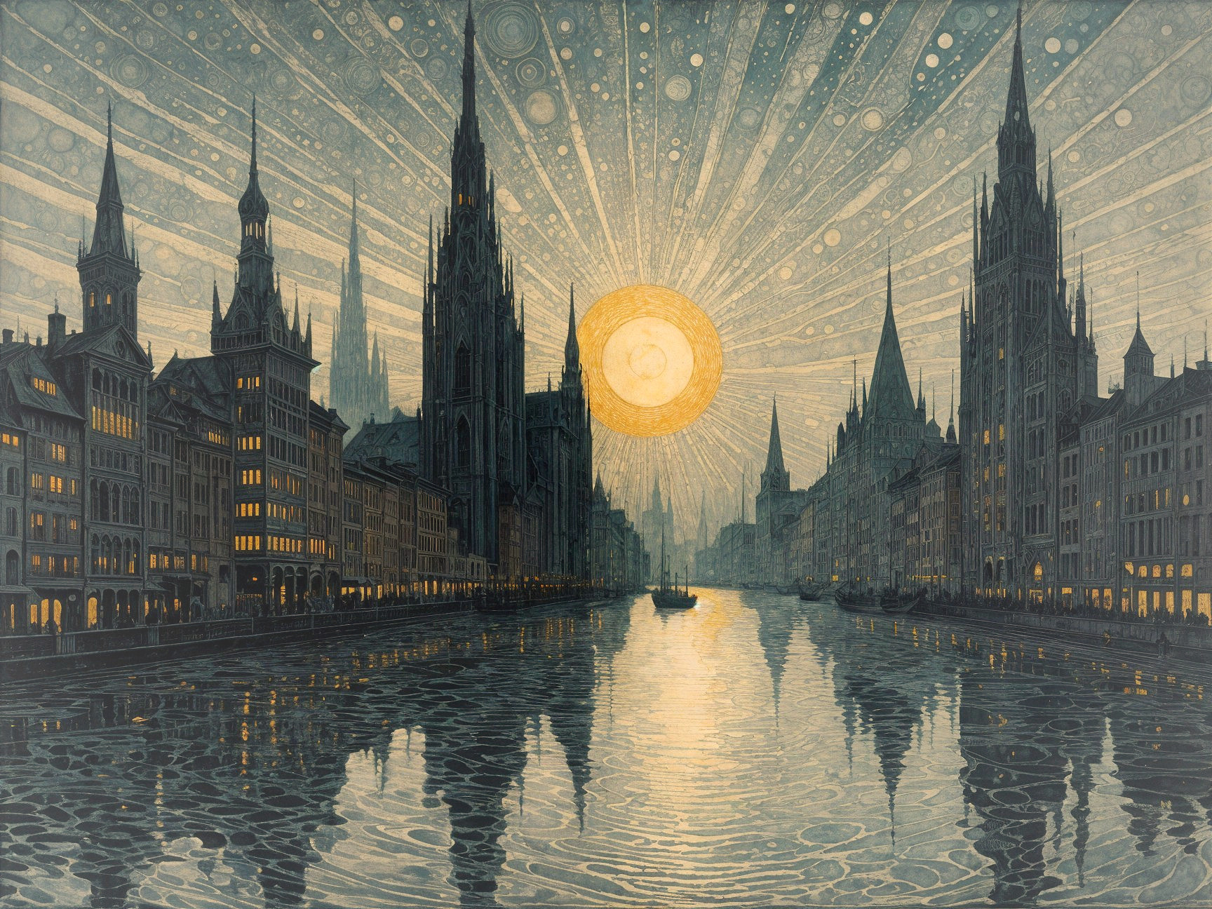 Gothic Cityscape at Dusk with River Reflection