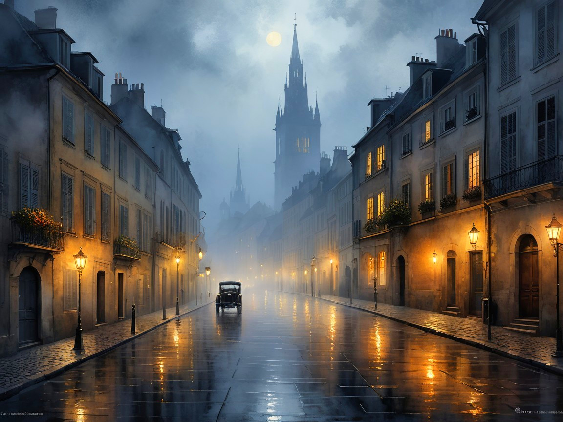 Foggy Evening Streetscape with Cobblestone Roads