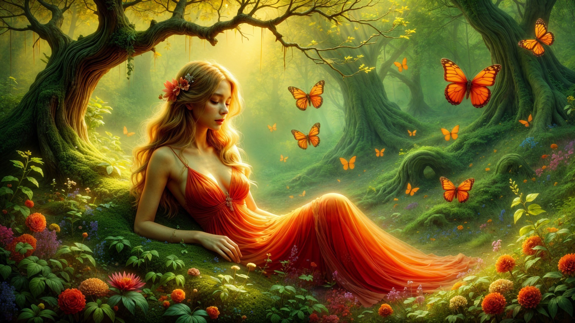 Serene Woman in Orange Dress Surrounded by Flowers