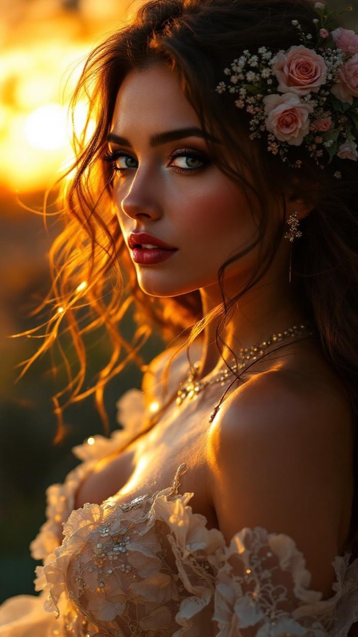 Close-Up of a Woman in Lace Dress at Sunset