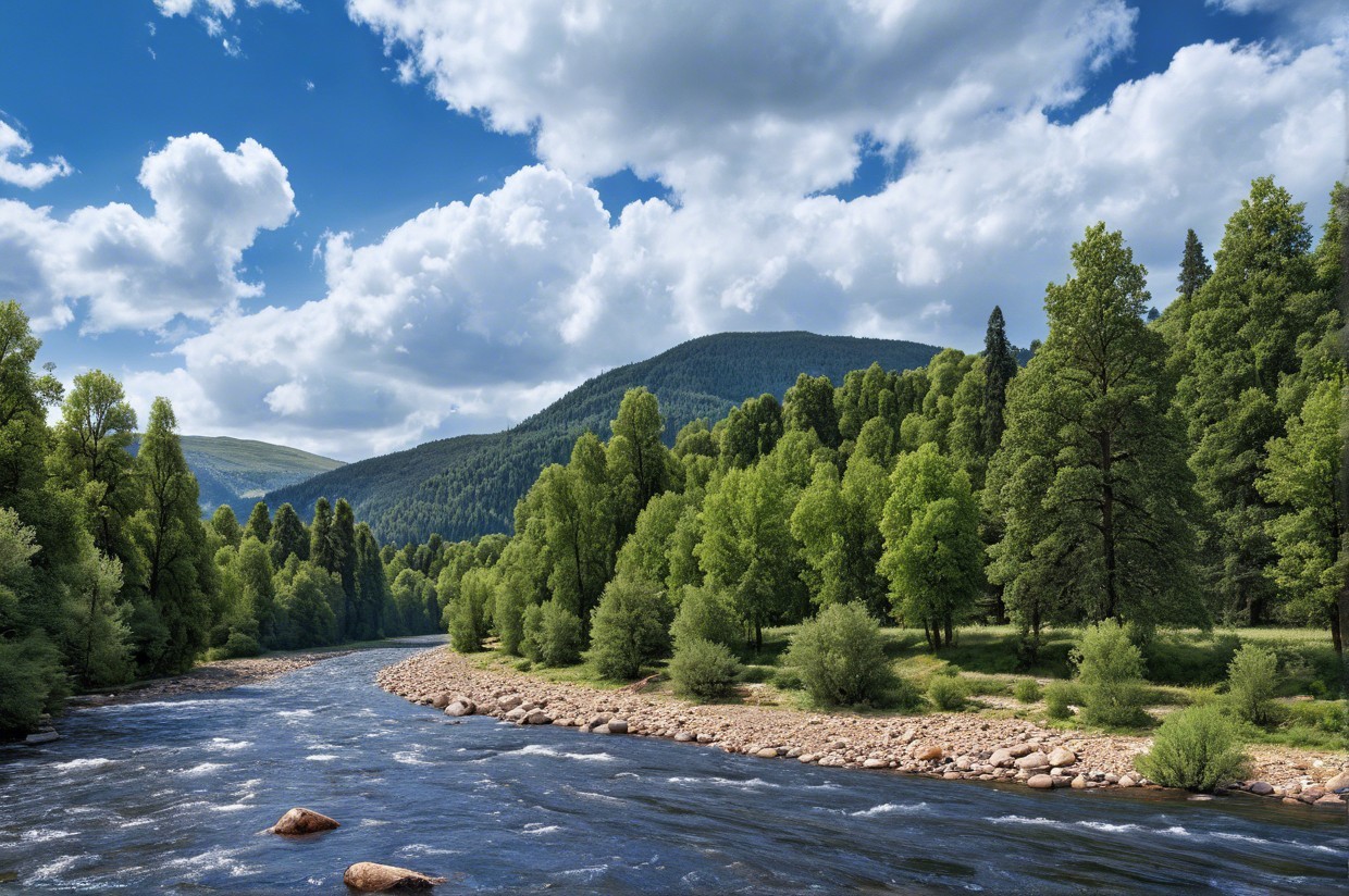 Serene River in Lush Green Landscape with Mountains