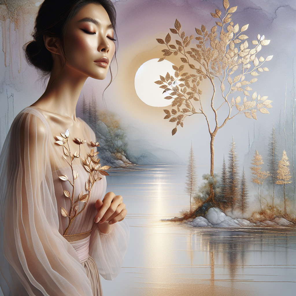 Woman in flowing gown by shimmering lake at night