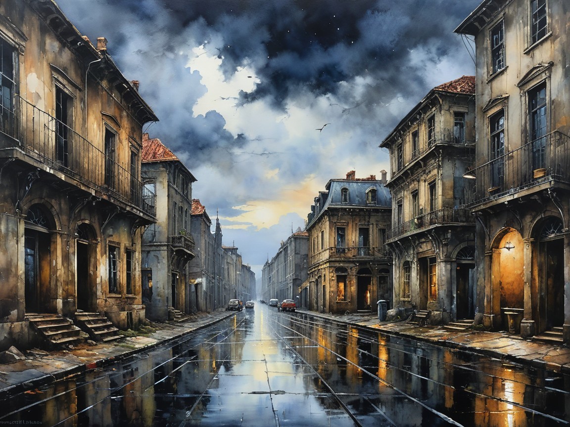 Detailed Painting of an Old Street with Dramatic Sky