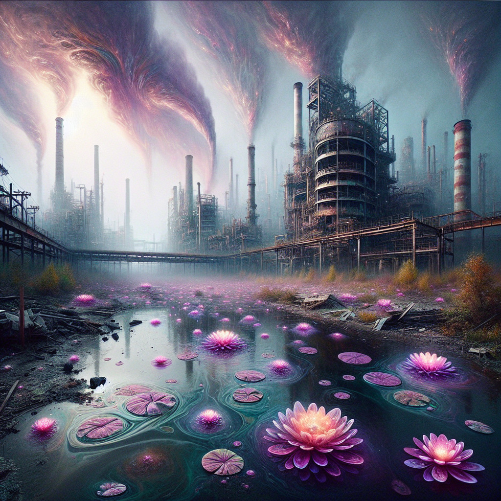 Surreal Industrial Landscape with Vibrant Sky and Water