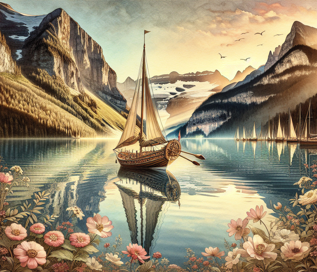 Serene Lakeside Scene with Sailboat and Mountains