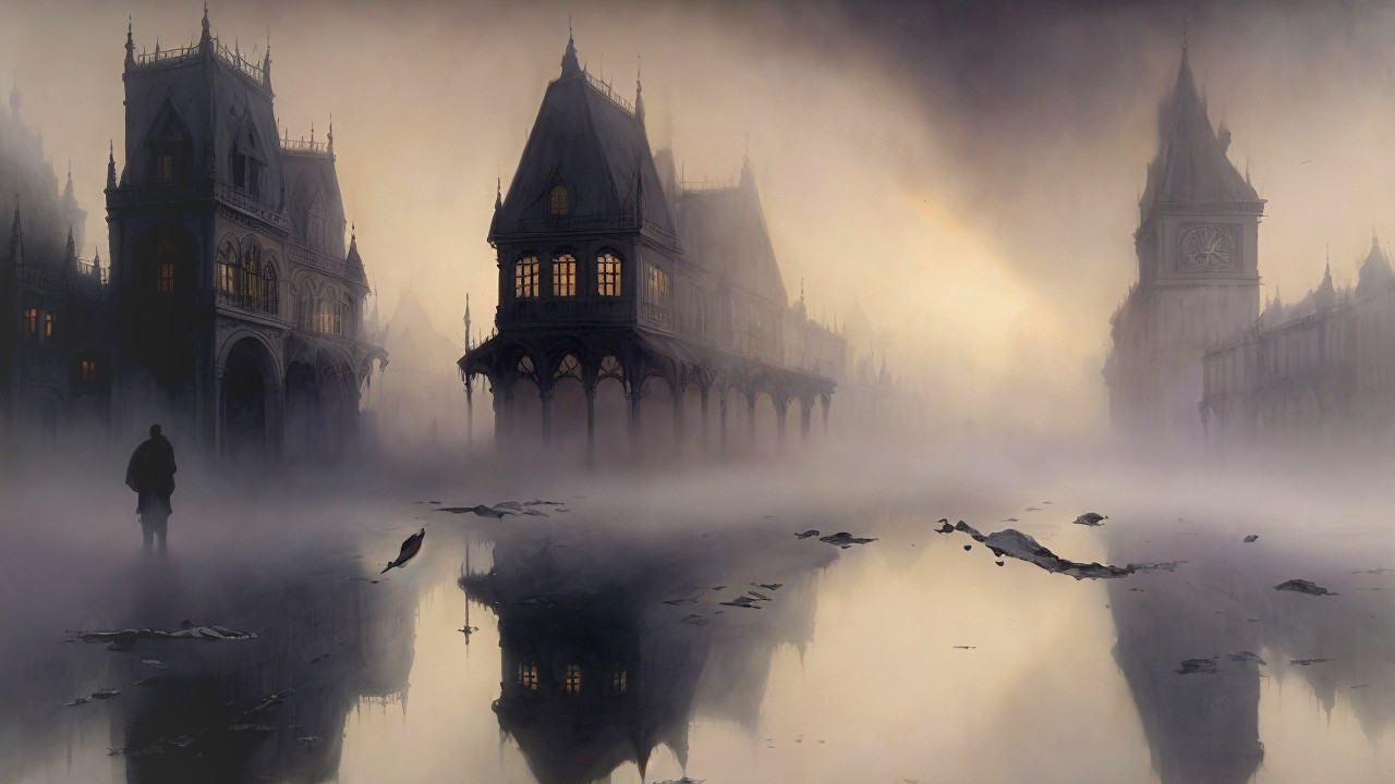 Eerie Landscape with Gothic Architecture in Fog