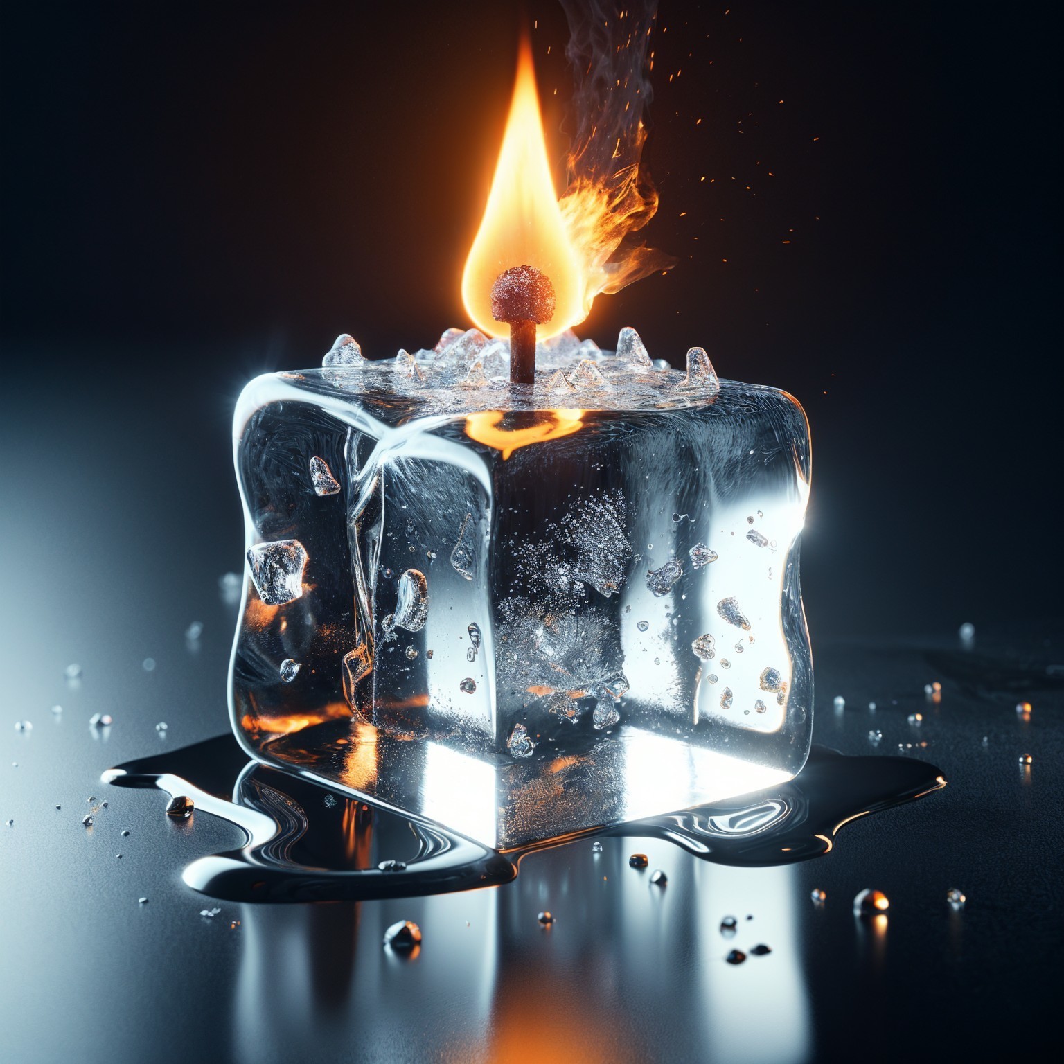 Ice Cube with Lit Match on Reflective Surface