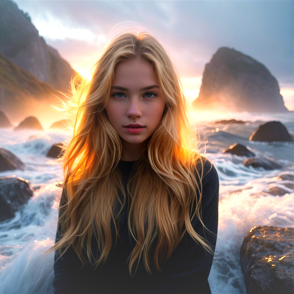 Young Woman at Rocky Shoreline During Sunset