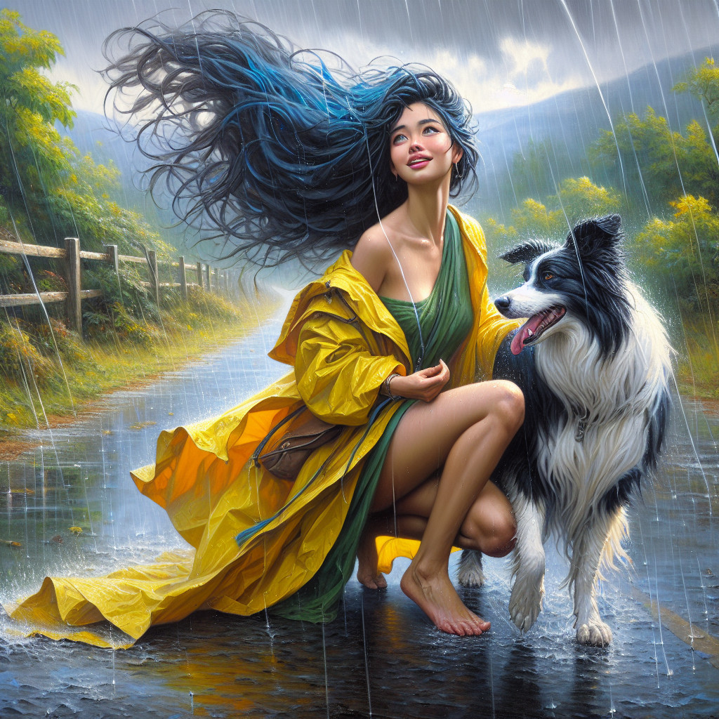 Woman in yellow raincoat kneeling with Border Collie