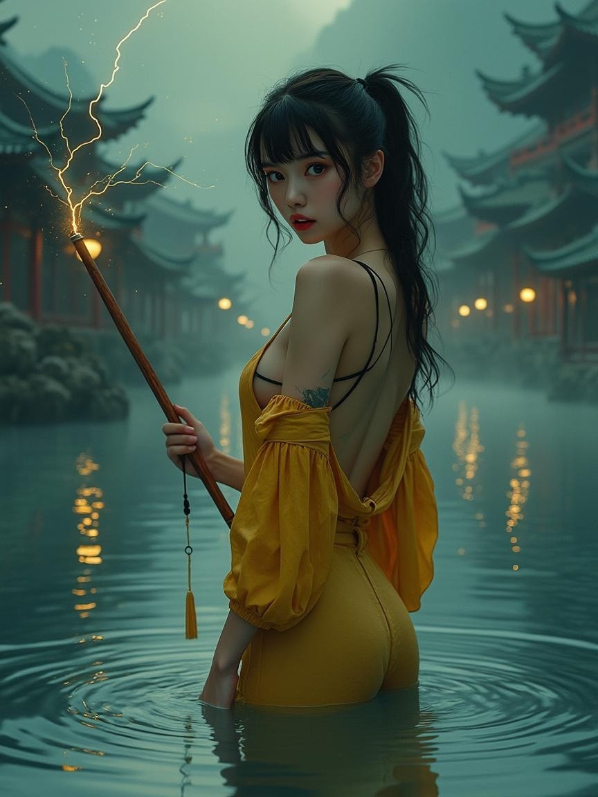 Young woman in yellow outfit in misty serene setting