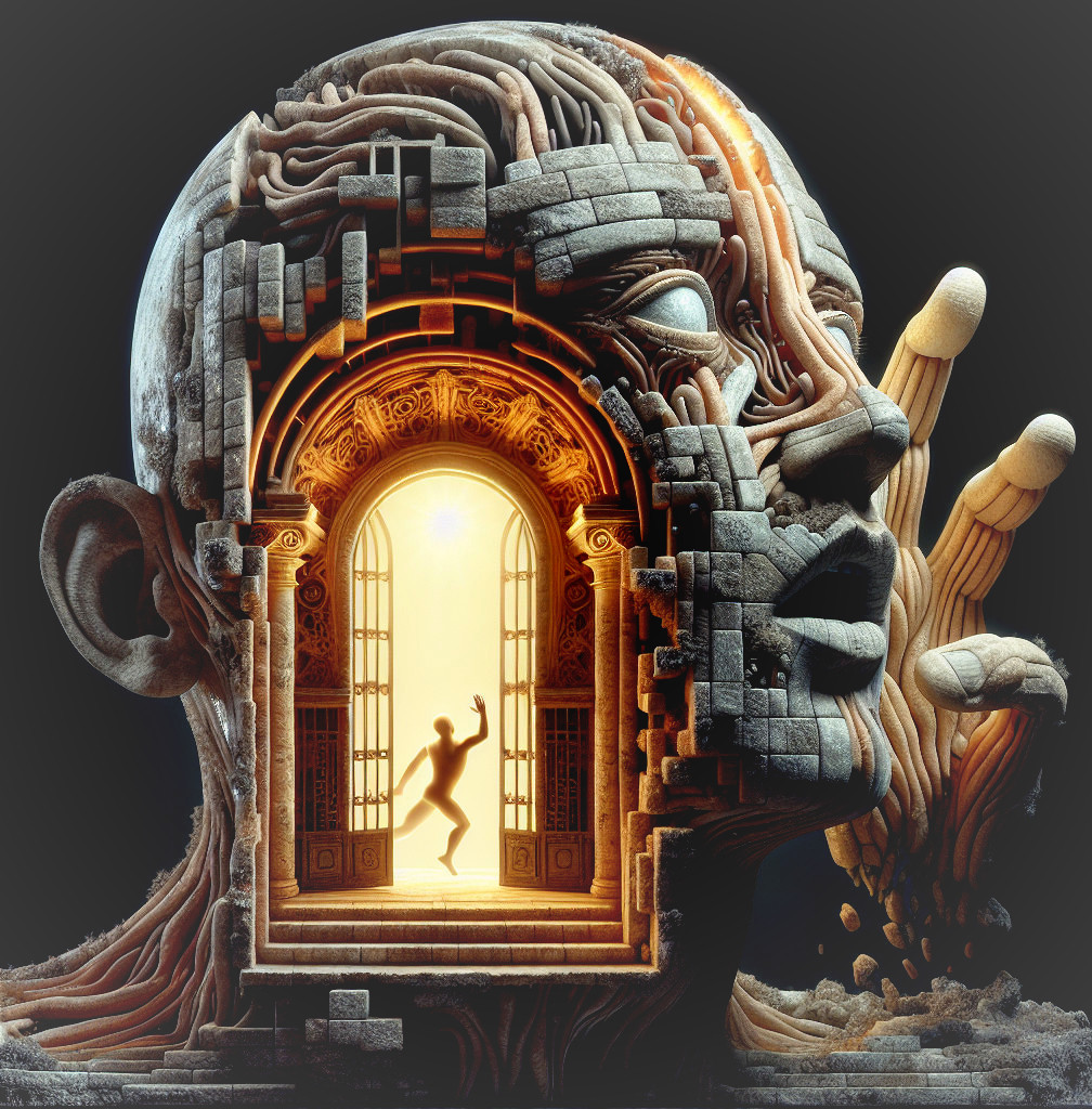 Surreal Human Head Sculpture with Inner Doorway