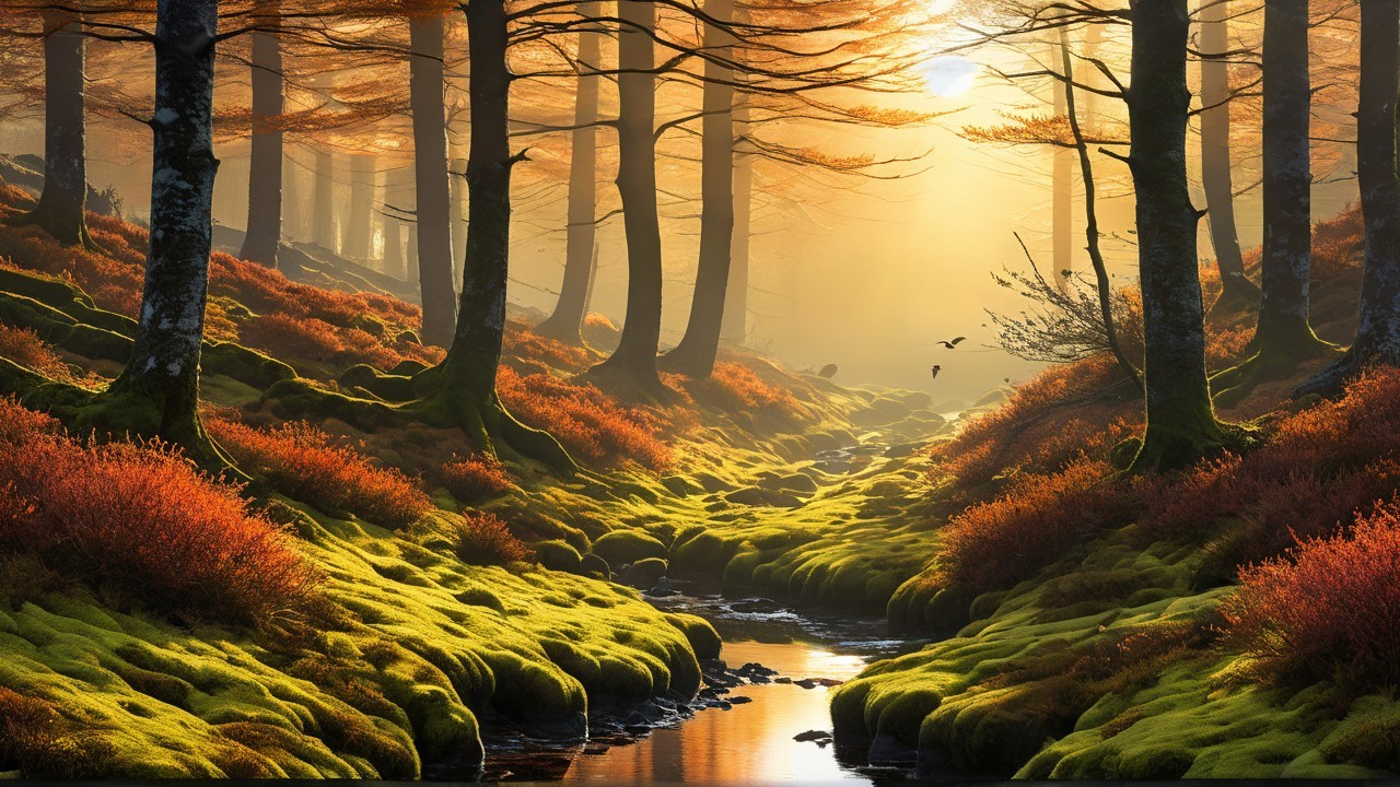 Tranquil Forest Scene with Golden Sunrise Light