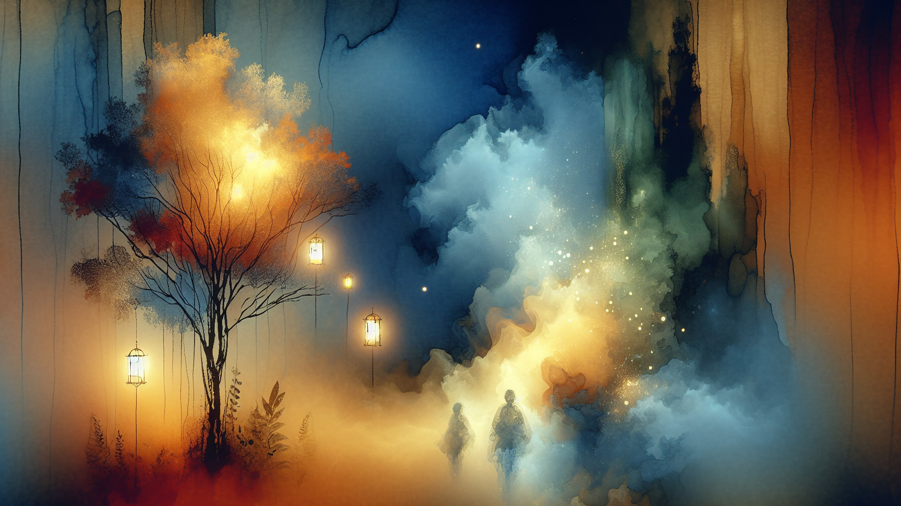 Dreamlike Landscape with Figures and Glowing Lanterns