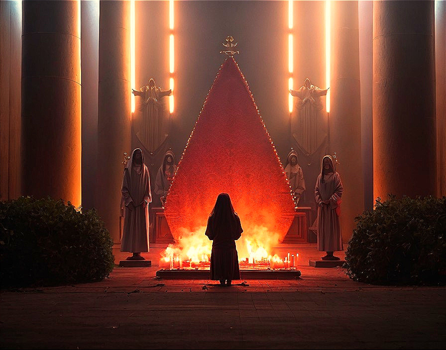 Solitary Figure at a Flame-Lit Altar in a Chamber