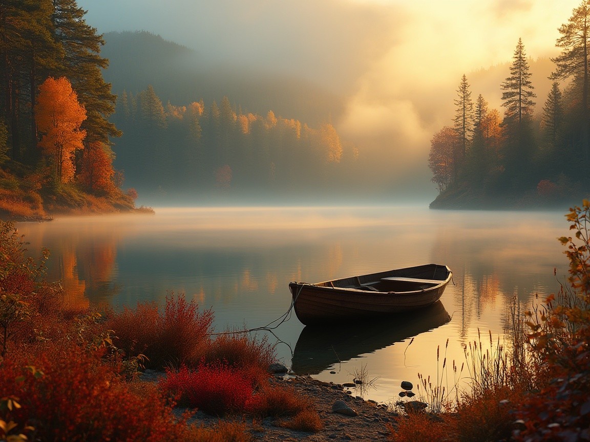 Dawn at a Misty Lake with Autumn Foliage and Boat