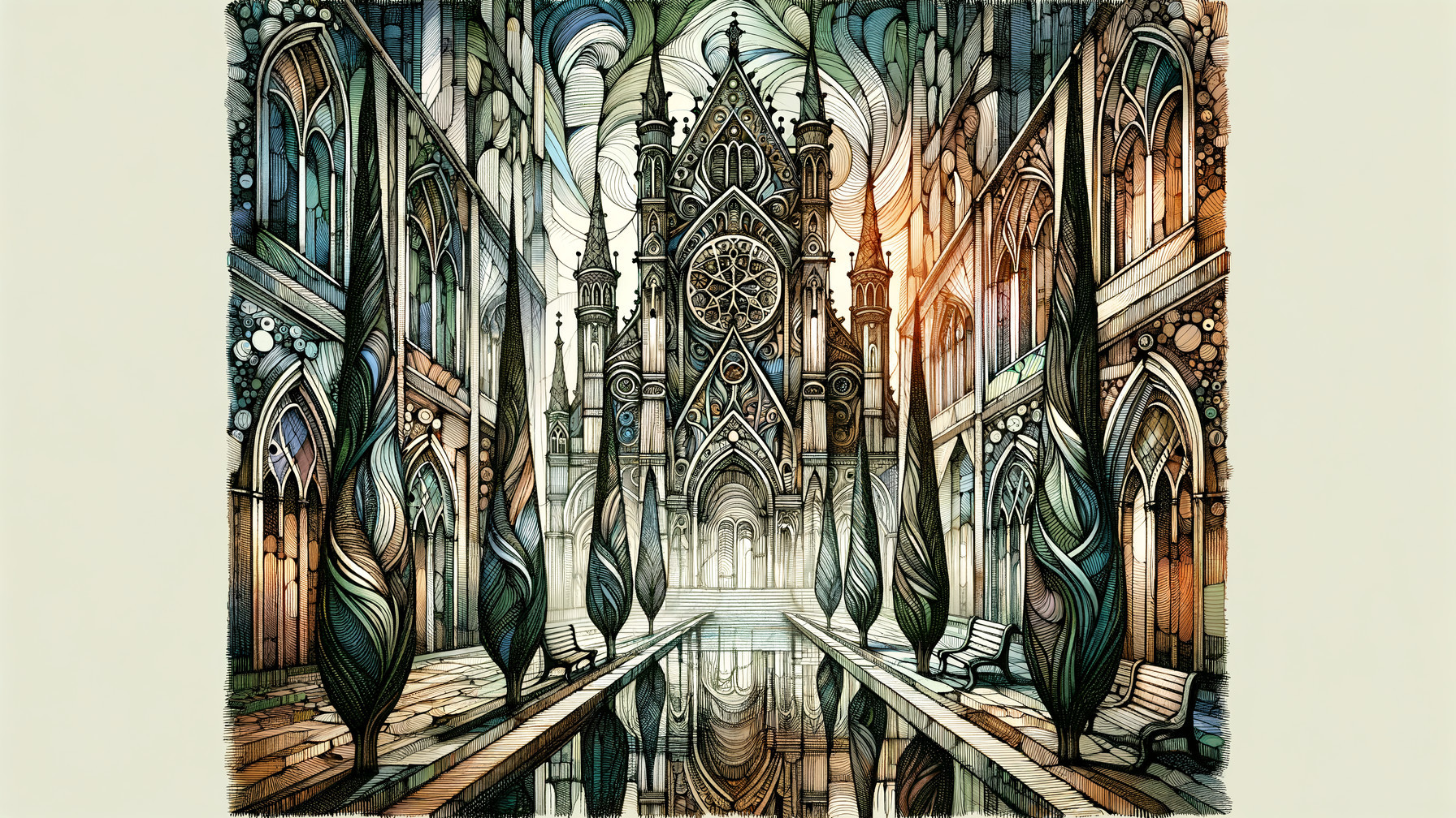 Surreal Architectural Scene with Grand Cathedral Elements