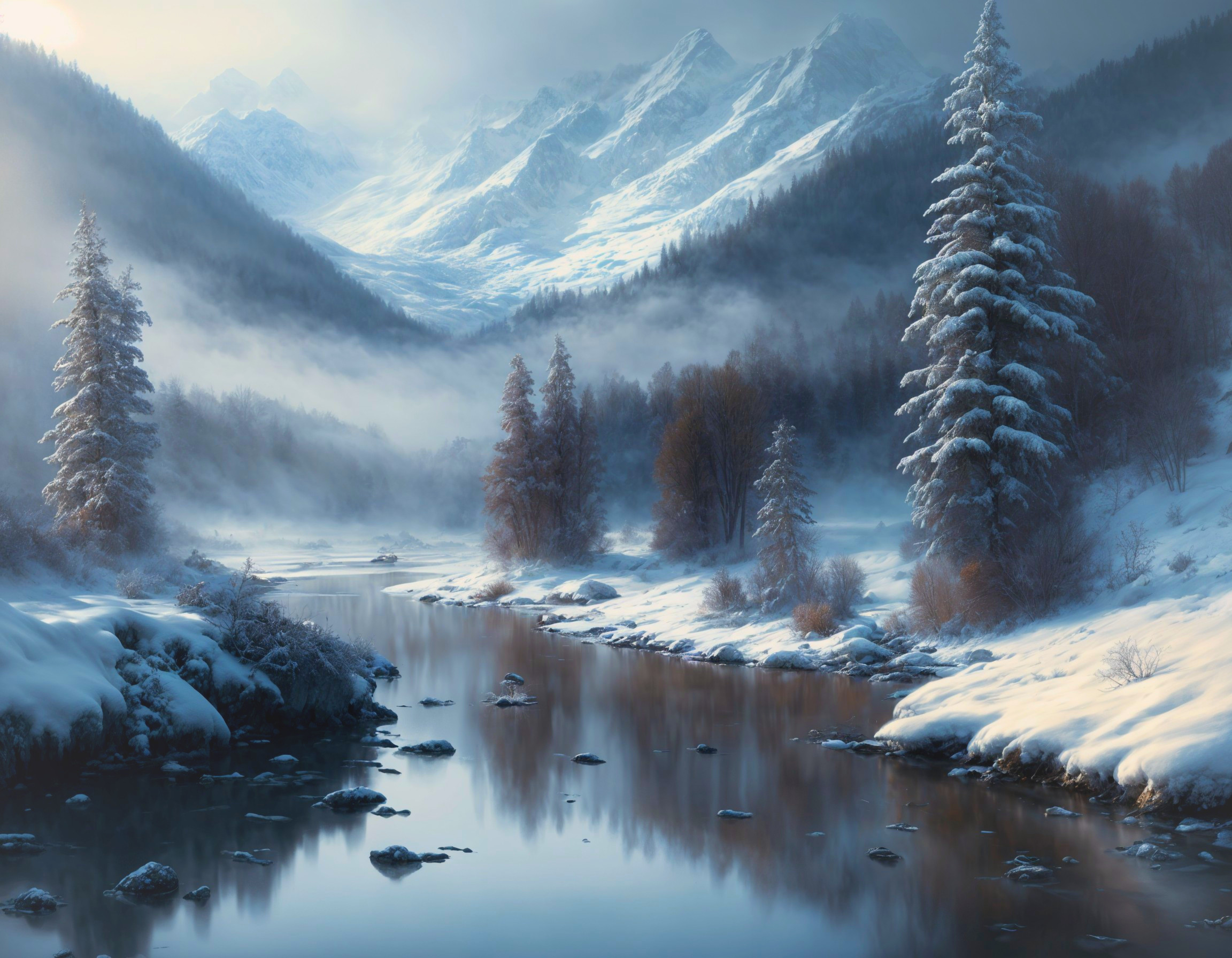 Serene Winter Landscape with River and Snowy Mountains
