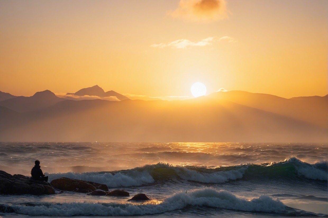 Coastal Sunset with Mountains and Tranquil Waves