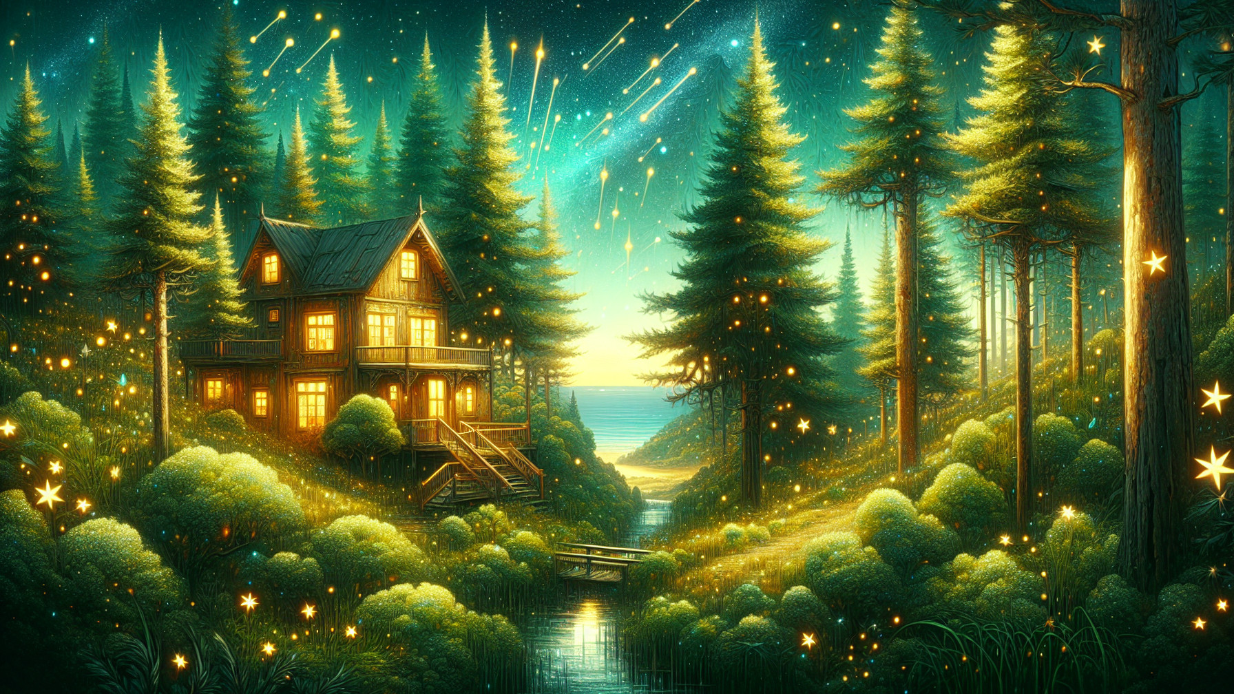 Cozy Wooden Cabin Under Starry Sky and Waterway