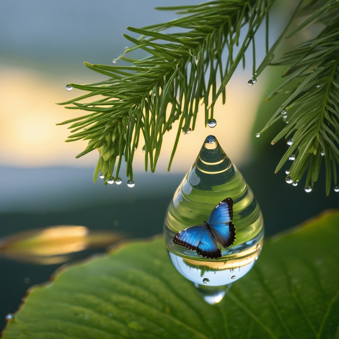 Hyperrealistic Blue Morpho Butterfly in Water Droplet