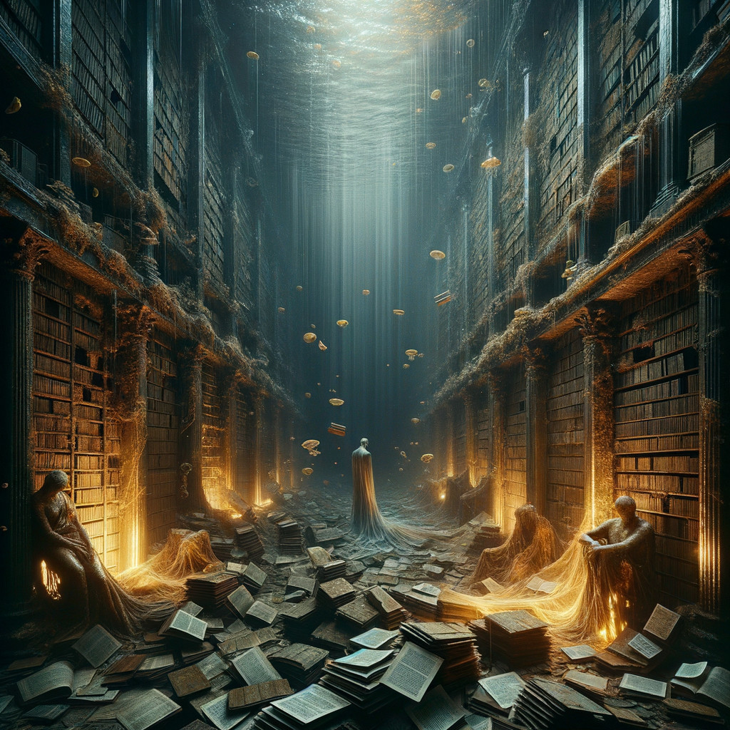 Submerged Library with Floating Books and Soft Light
