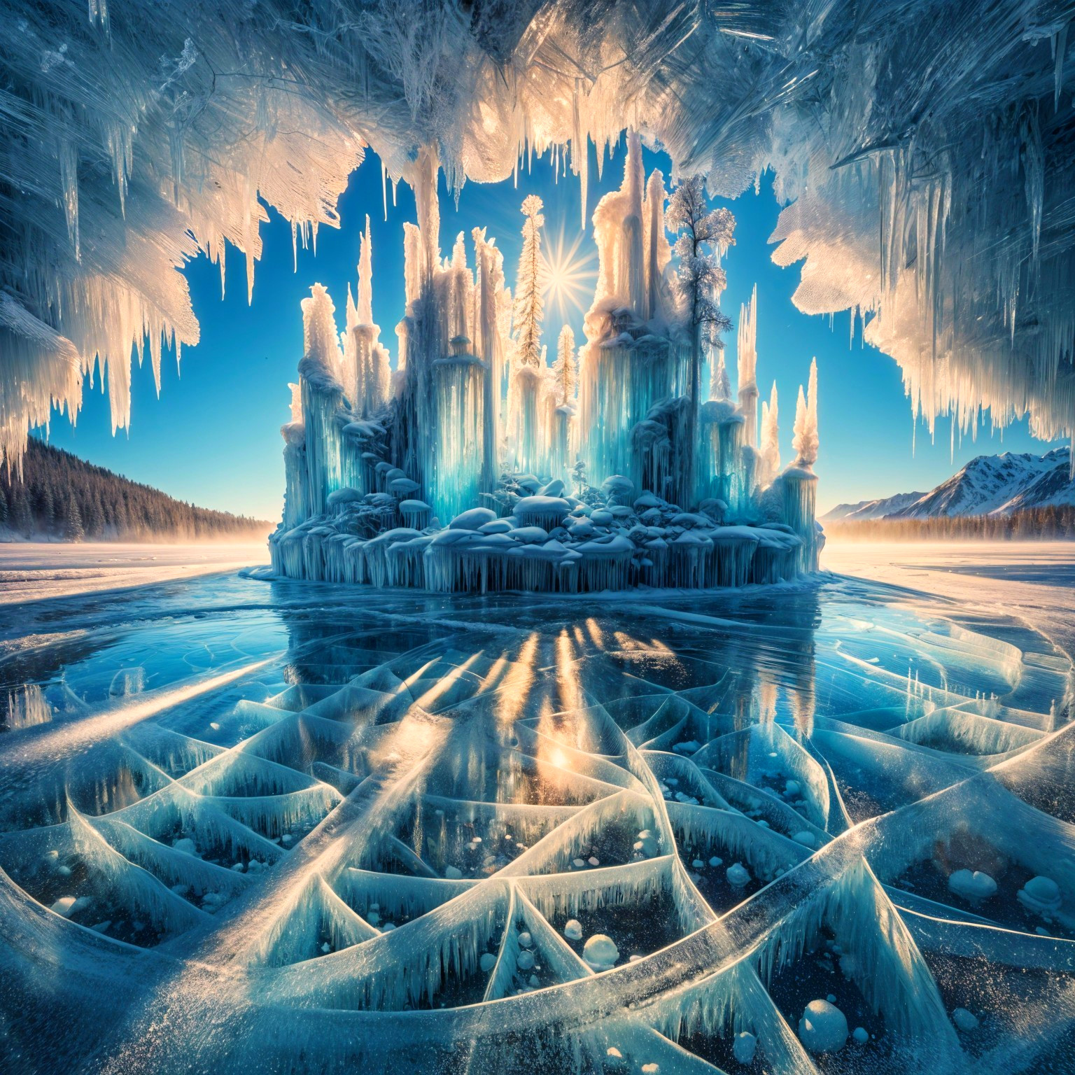 Winter Landscape with Ice Formations and Blue Sky