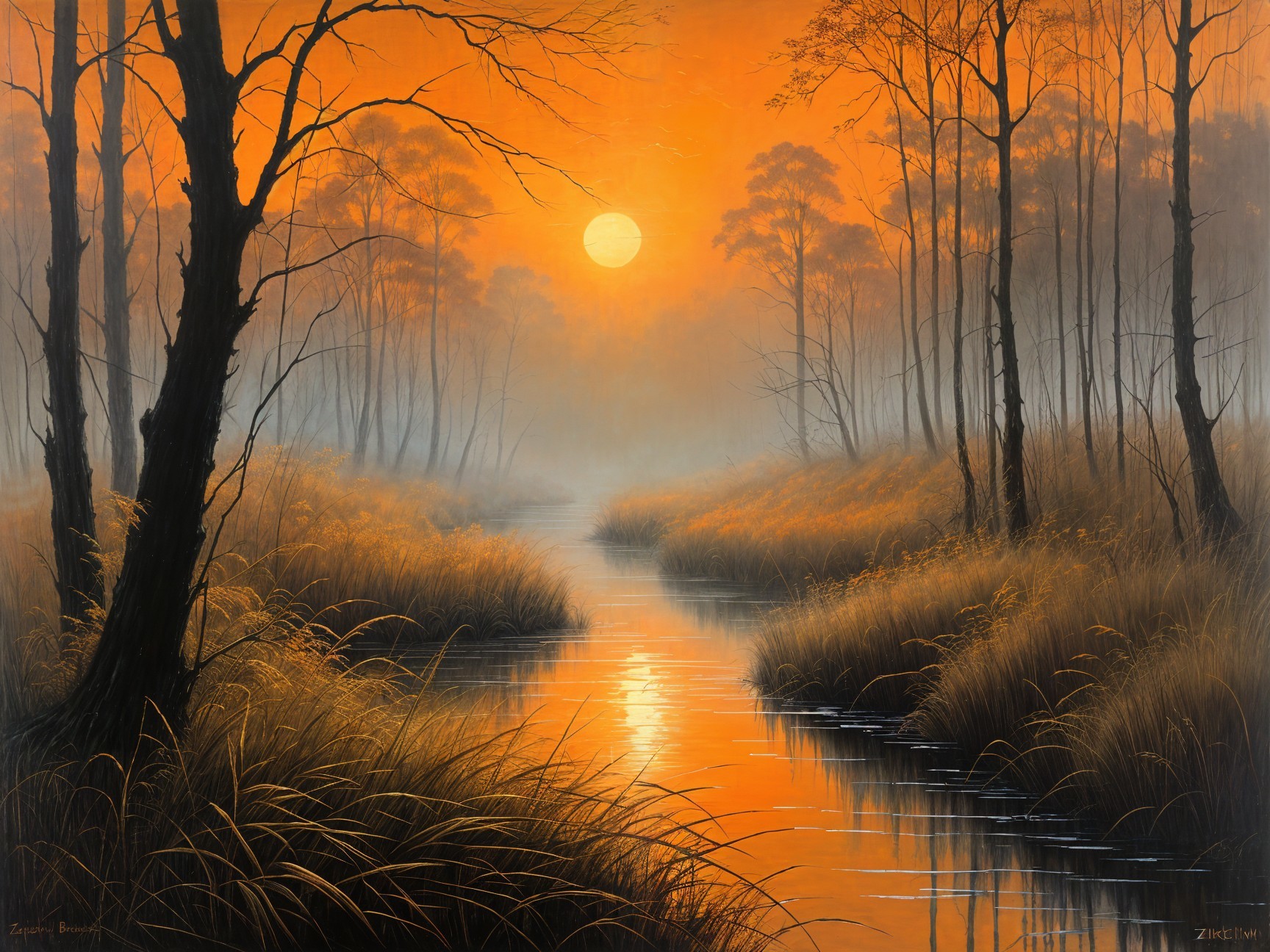 Serene Sunrise Landscape with Misty River and Trees