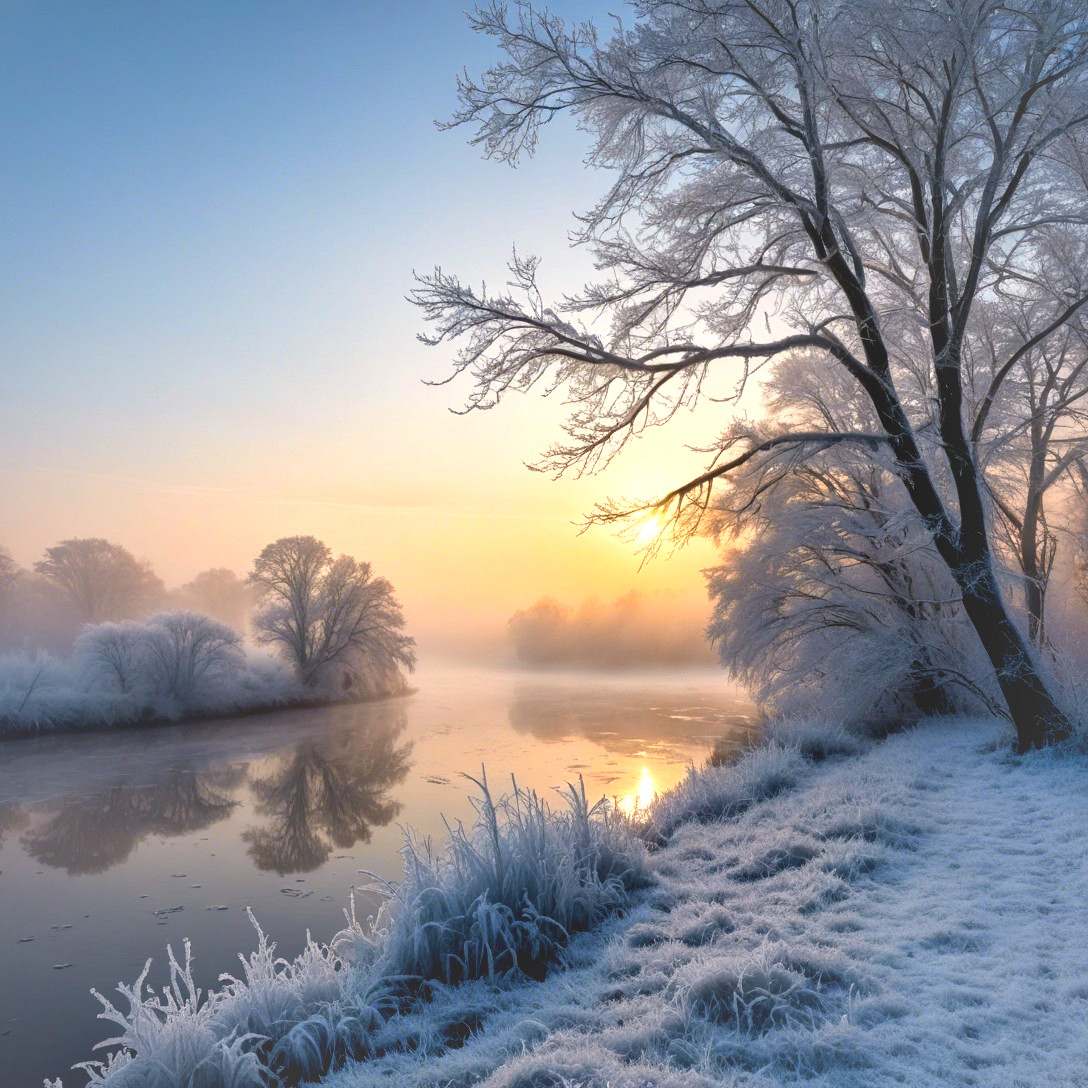 Serene Winter Landscape with Frost-Covered River