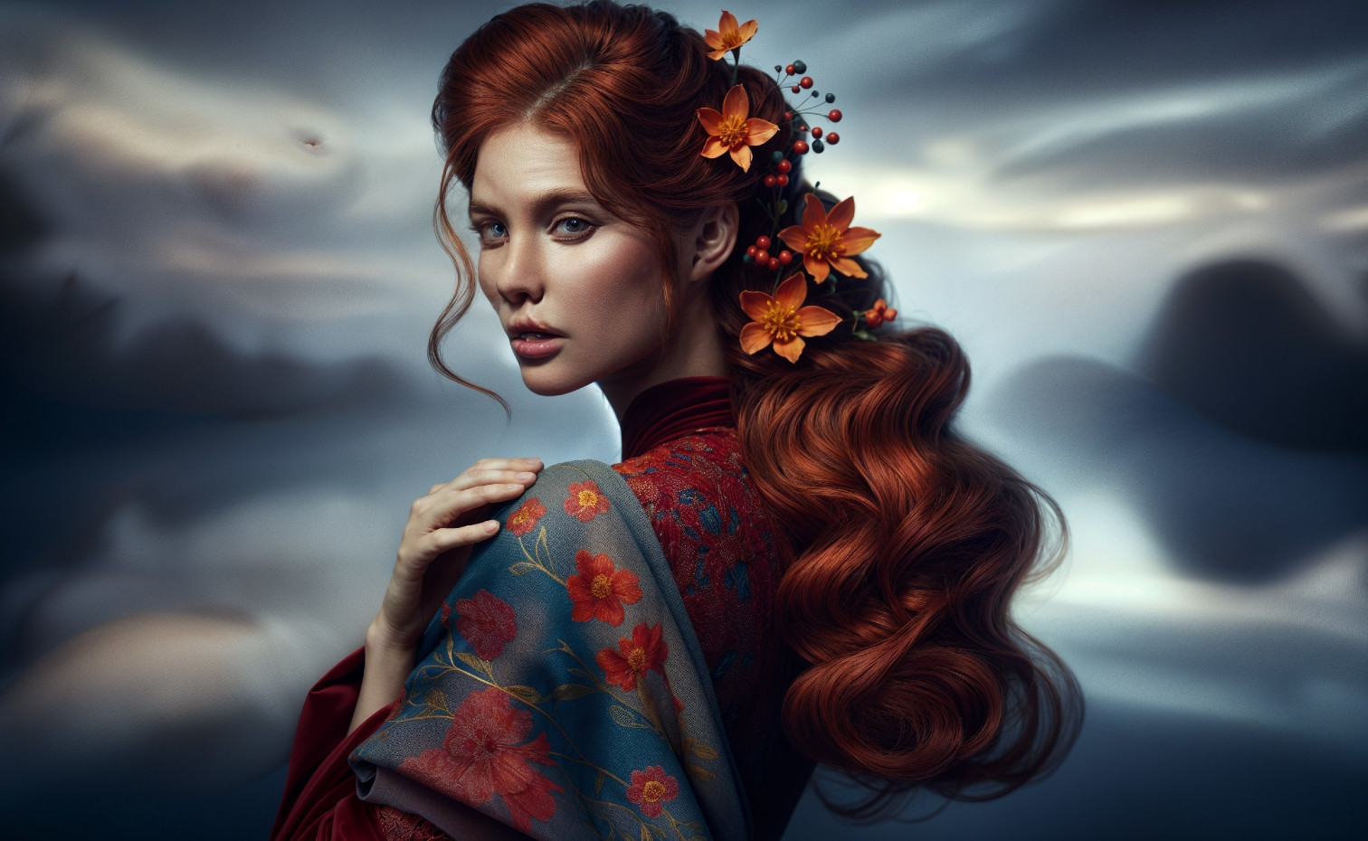 Elegant Woman with Red Hair and Floral Adornments