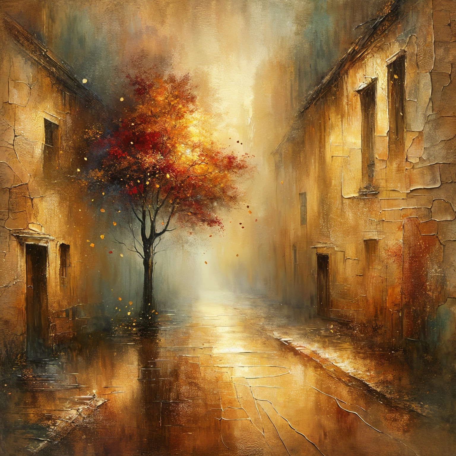Lone Tree with Orange Leaves in Misty Alley Scene