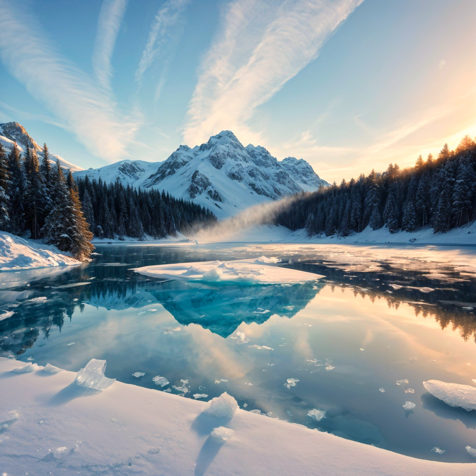 Serene Winter Landscape with Tranquil Lake and Mountains