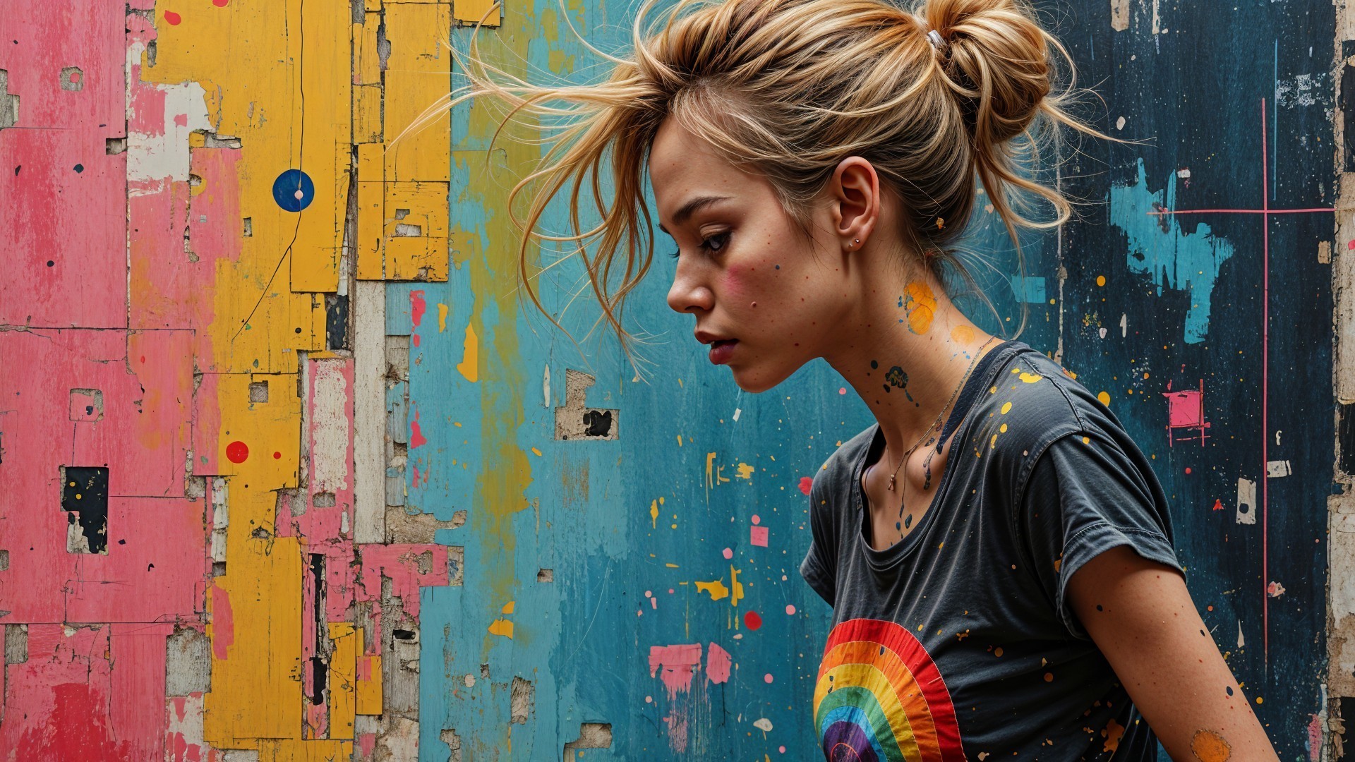 Young Woman in Profile Against Colorful Wall
