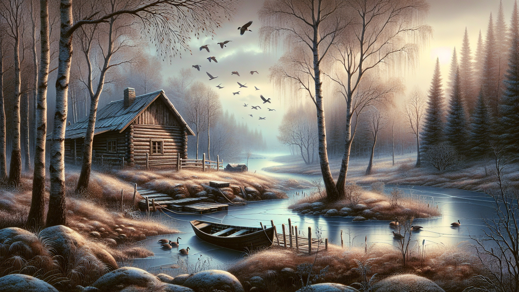 Serene Winter Scene with Cabin and Tranquil River