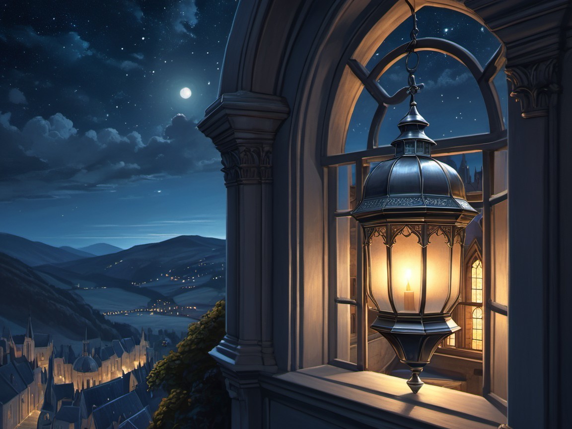 Serene Night Scene with Lantern and Starry Sky