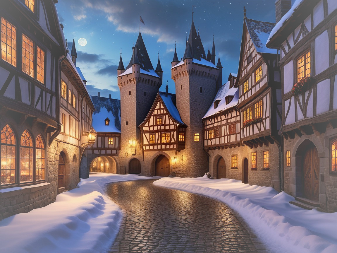Medieval Village in Snow with Street Lamps and Castles