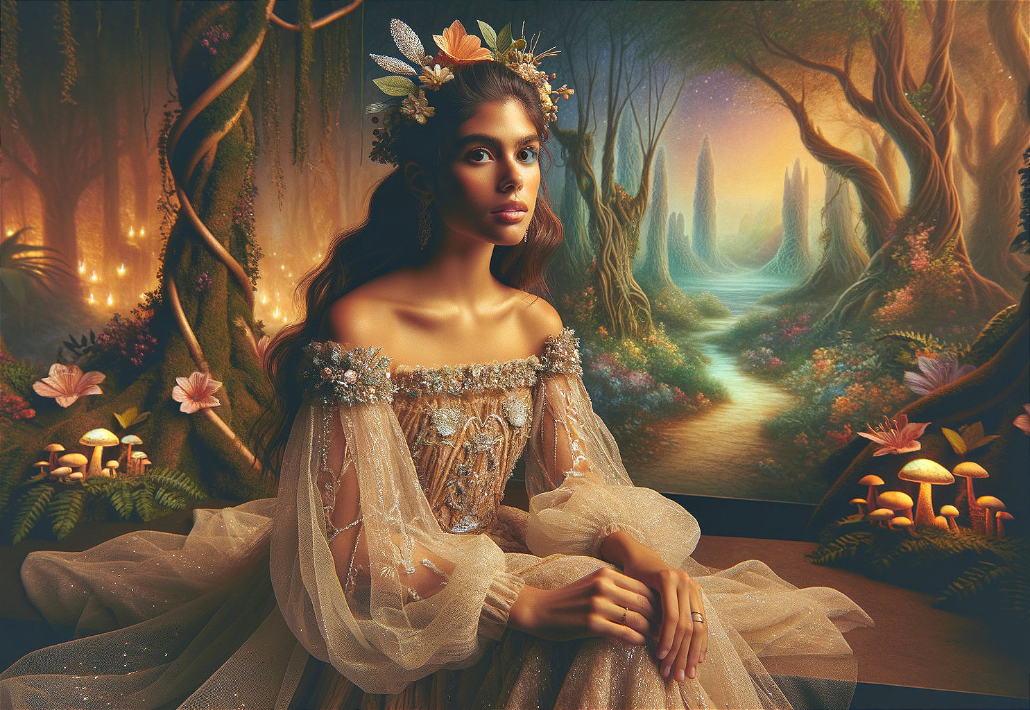 Young Woman in Ethereal Gown in Enchanted Forest